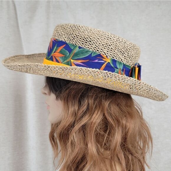 Hatlanta Vintage Straw Raffia Sun Hat Wide Brim Tropical Floral Band main image 10